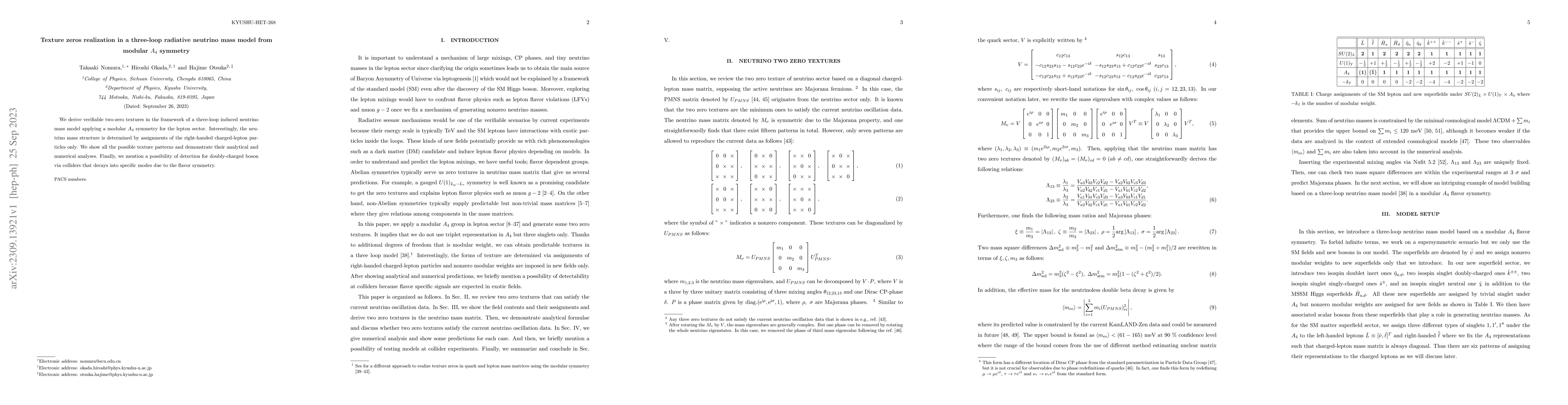 Thumbnail for Texture zeros realization in a three-loop radiative neutrino mass model
  from modular $A_4$ symmetry
