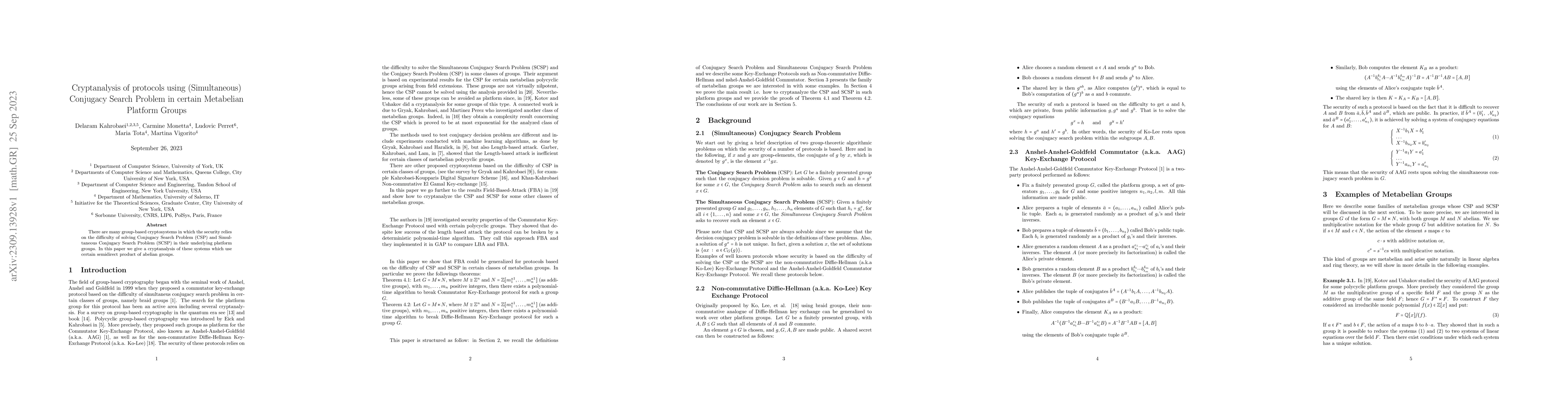 Thumbnail for Cryptanalysis of protocols using (Simultaneous) Conjugacy Search Problem
  in certain Metabelian Platform Groups