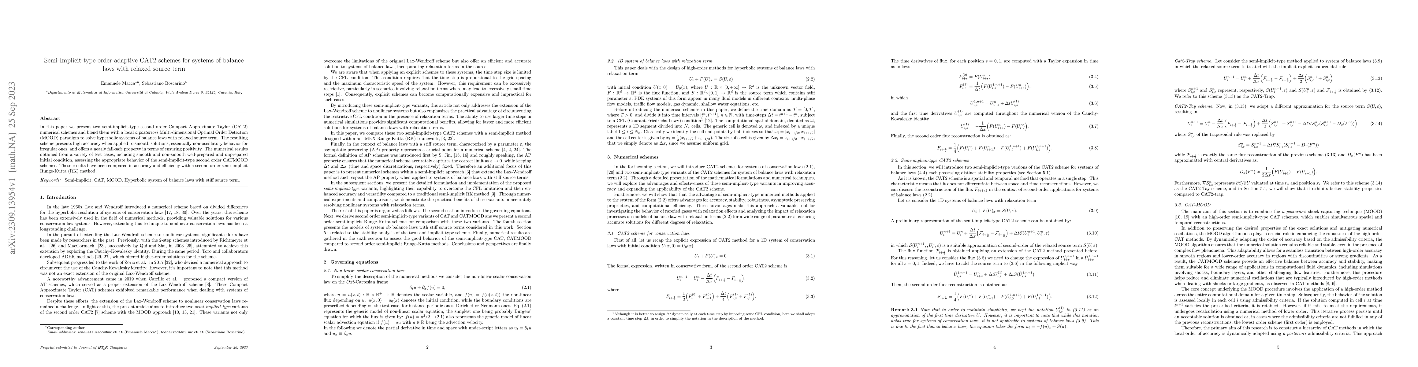 Thumbnail for Semi-Implicit-type order-adaptive CAT2 schemes for systems of balance
  laws with relaxed source term