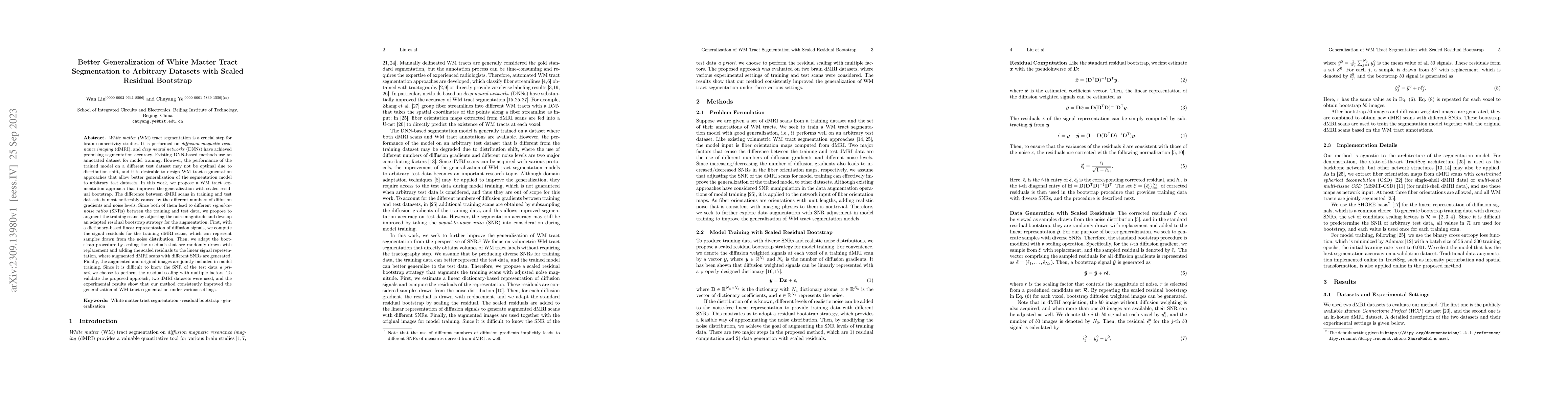 Thumbnail for Better Generalization of White Matter Tract Segmentation to Arbitrary
  Datasets with Scaled Residual Bootstrap