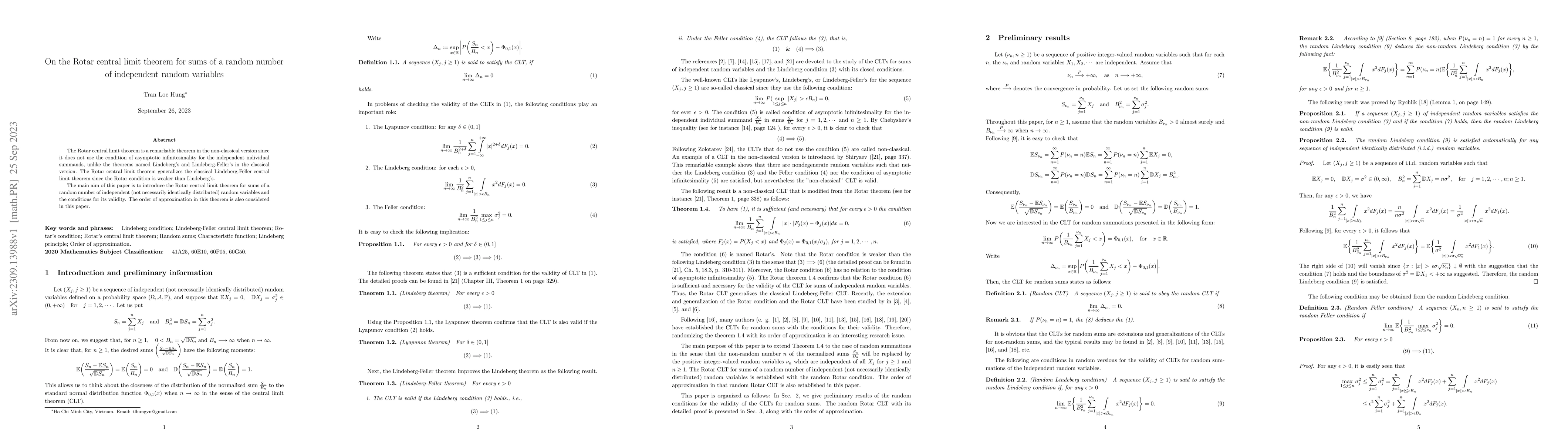 Thumbnail for On the Rotar central limit theorem for sums of a random number of
  independent random variables