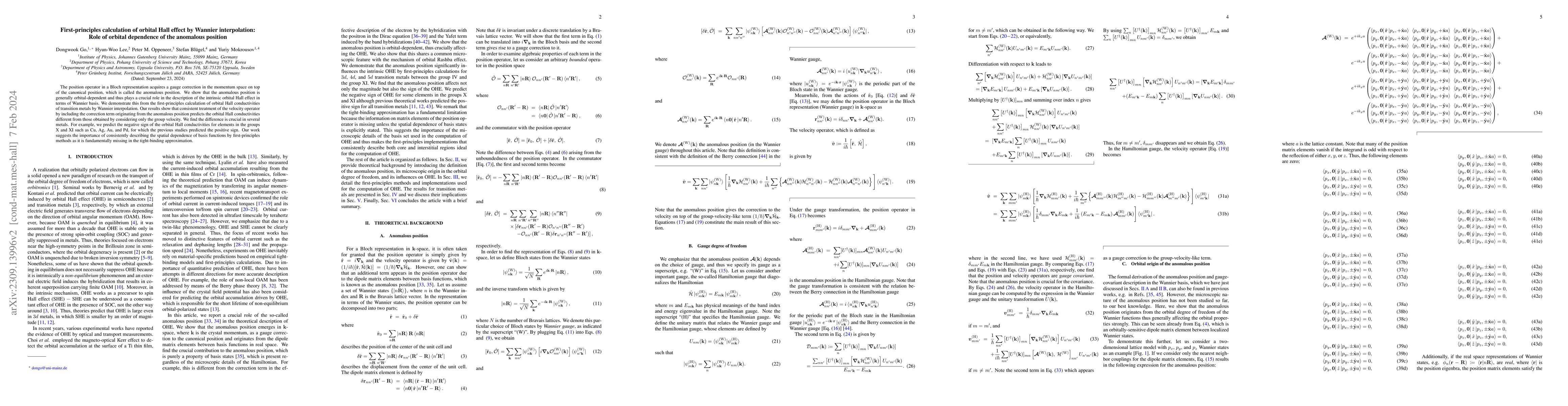 Thumbnail for First-principles calculation of orbital Hall effect by Wannier
  interpolation: Role of orbital dependence of the anomalous position