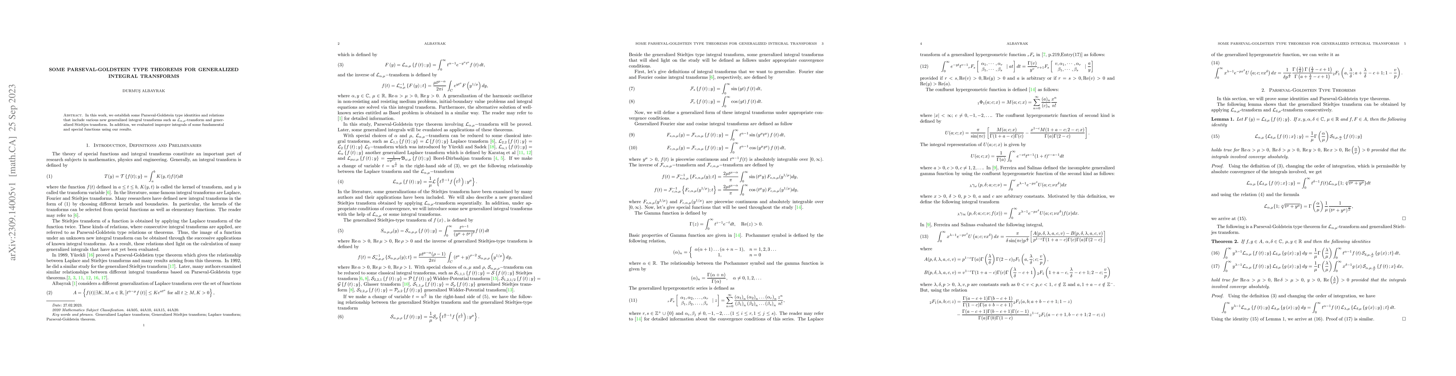 Thumbnail for Some Parseval-Goldstein Type Theorems For Generalized Integral
  Transforms