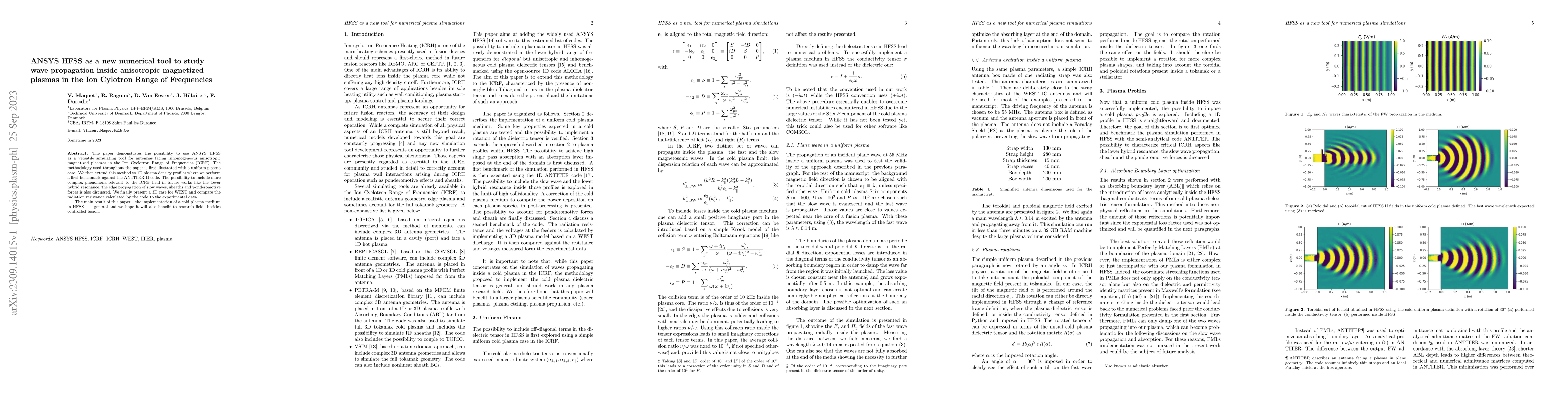 Thumbnail for ANSYS HFSS as a new numerical tool to study wave propagation inside
  anisotropic magnetized plasmas in the Ion Cylotron Range of Frequencies