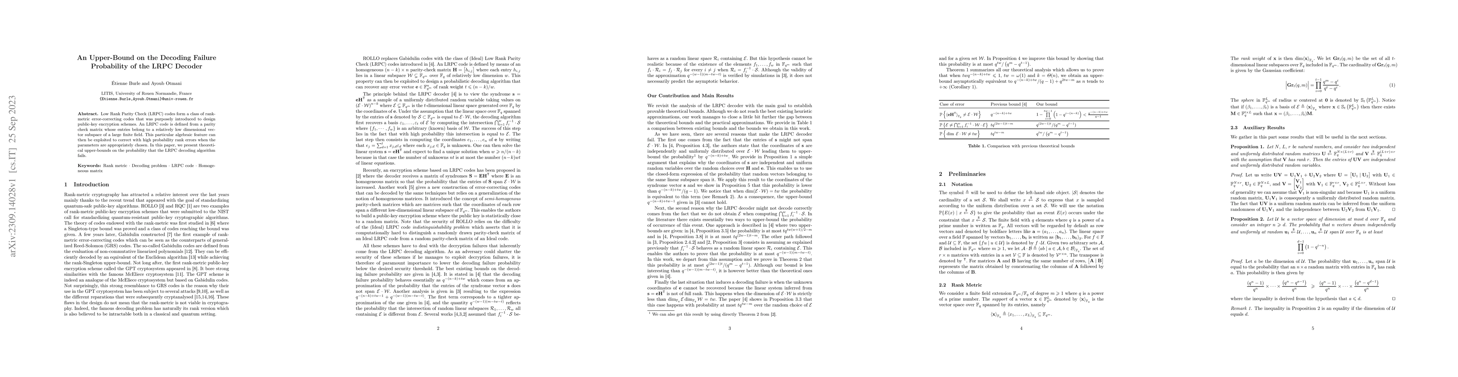 Thumbnail for An Upper-Bound on the Decoding Failure Probability of the LRPC Decoder