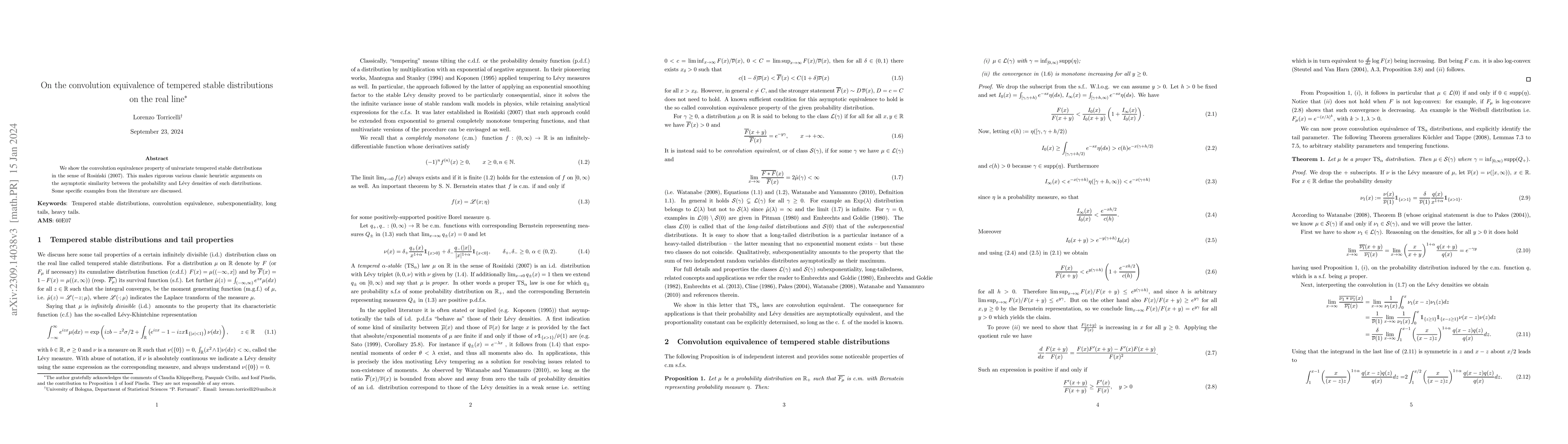 Thumbnail for On the convolution equivalence of tempered stable distributions on the
  real line