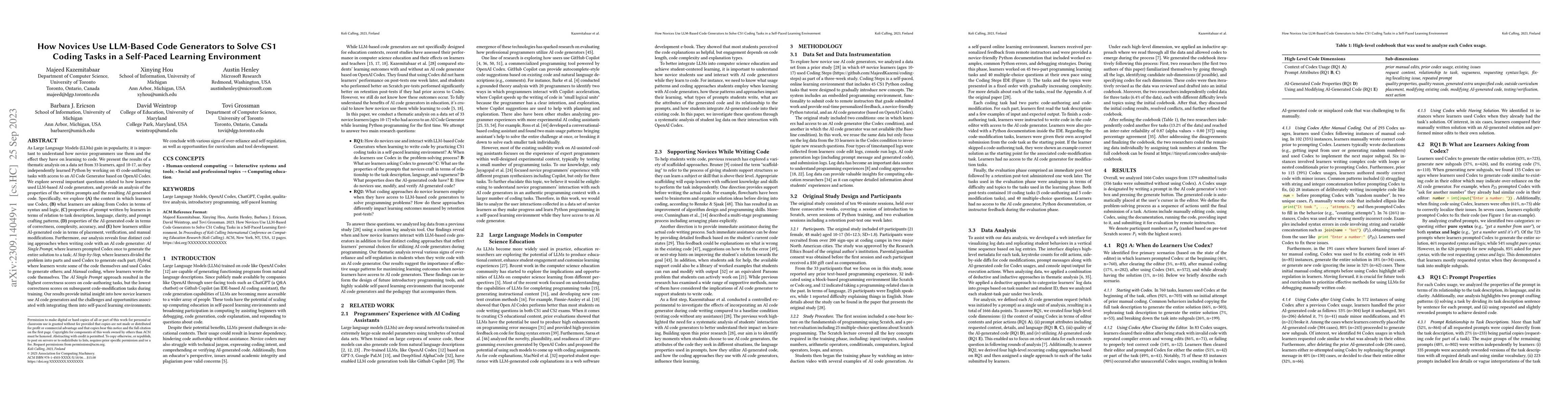Thumbnail for How Novices Use LLM-Based Code Generators to Solve CS1 Coding Tasks in a
  Self-Paced Learning Environment