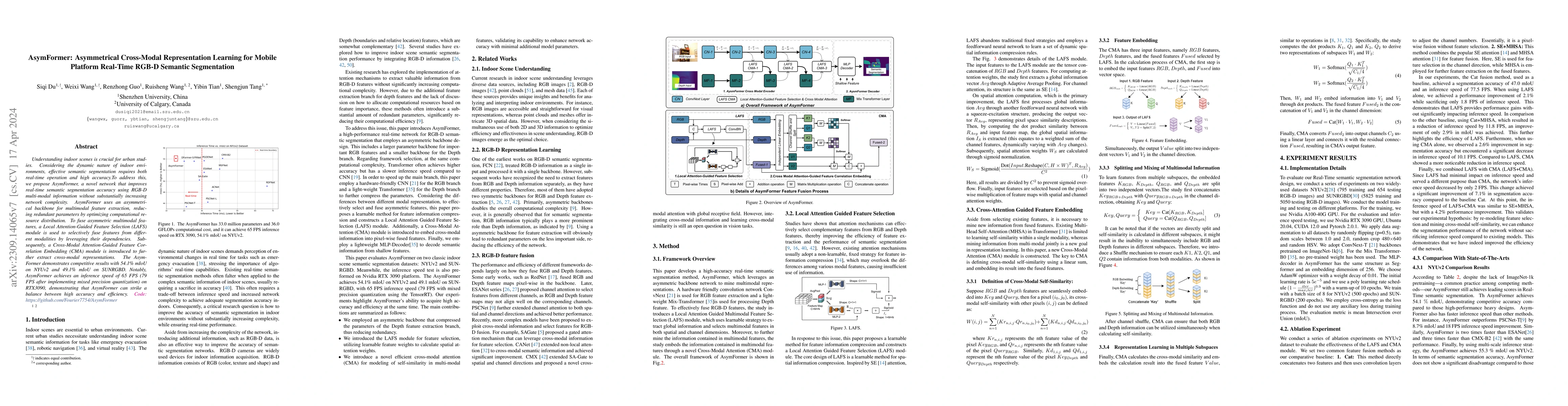 Thumbnail for AsymFormer: Asymmetrical Cross-Modal Representation Learning for Mobile
  Platform Real-Time RGB-D Semantic Segmentation