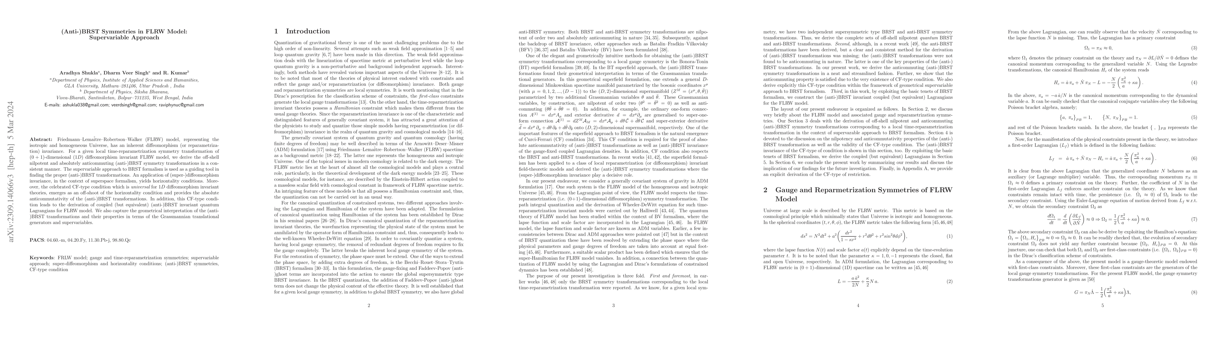 Thumbnail for (Anti-)BRST Symmetries in FLRW Model: Supervariable Approach