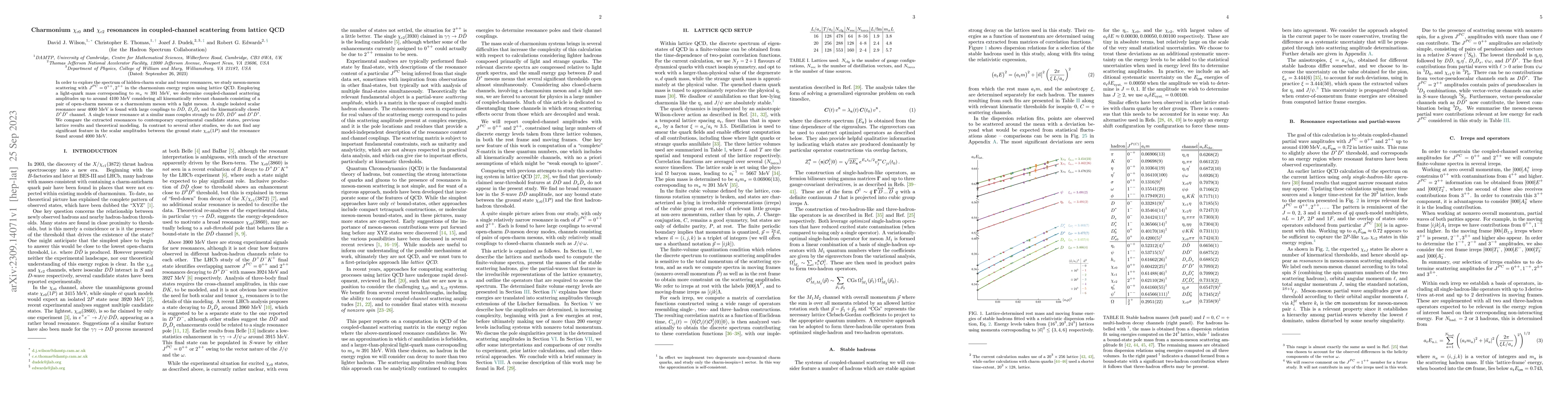 Thumbnail for Charmonium $\chi_{c0}$ and $\chi_{c2}$ resonances in coupled-channel
  scattering from lattice QCD