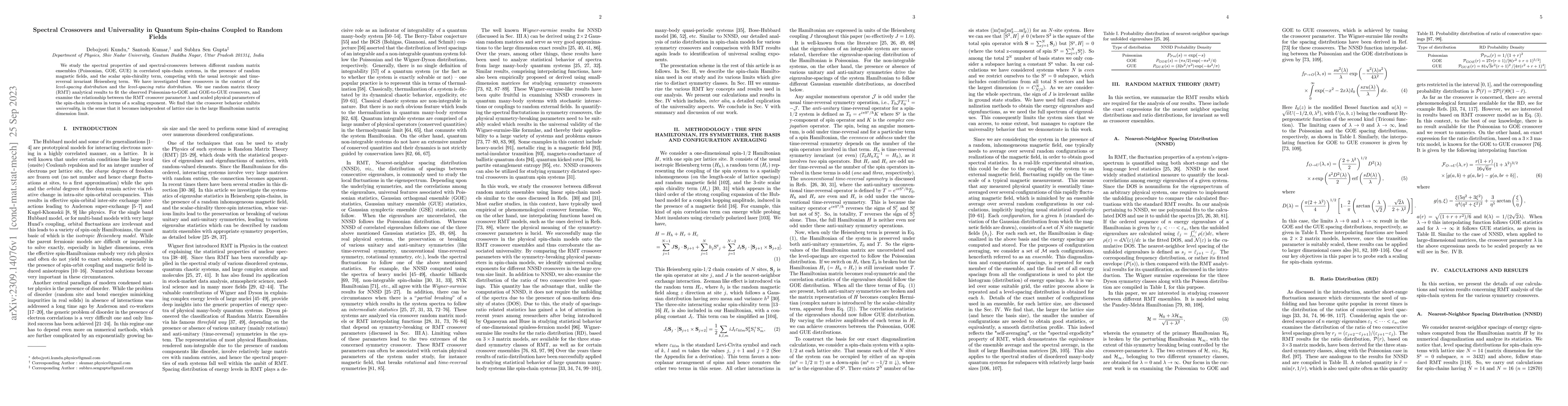 Thumbnail for Spectral Crossovers and Universality in Quantum Spin-chains Coupled to
  Random Fields