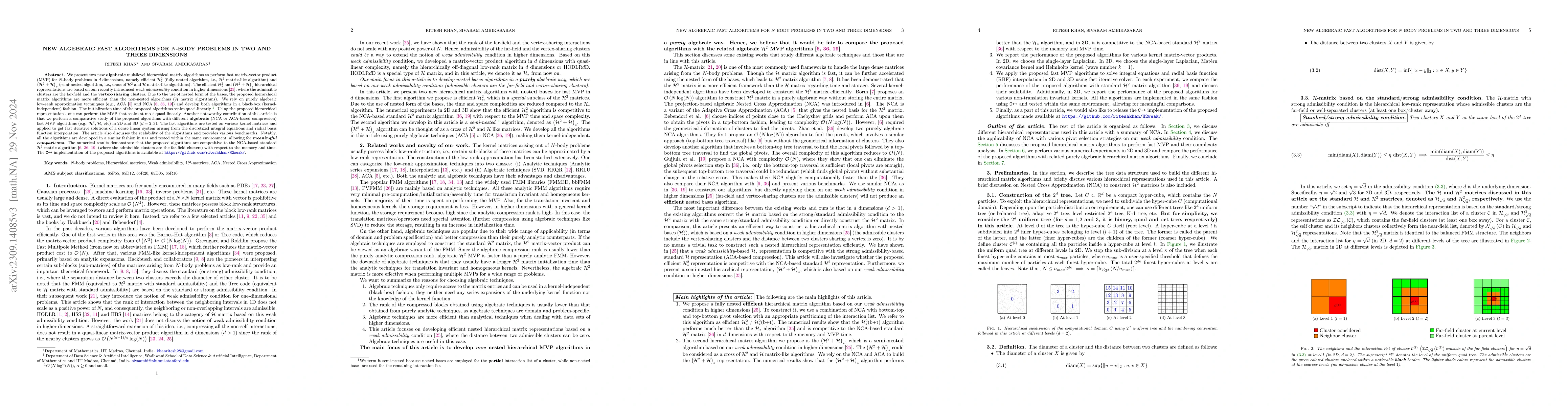 Thumbnail for New algebraic fast algorithms for $N$-body problems in two and three
  dimensions