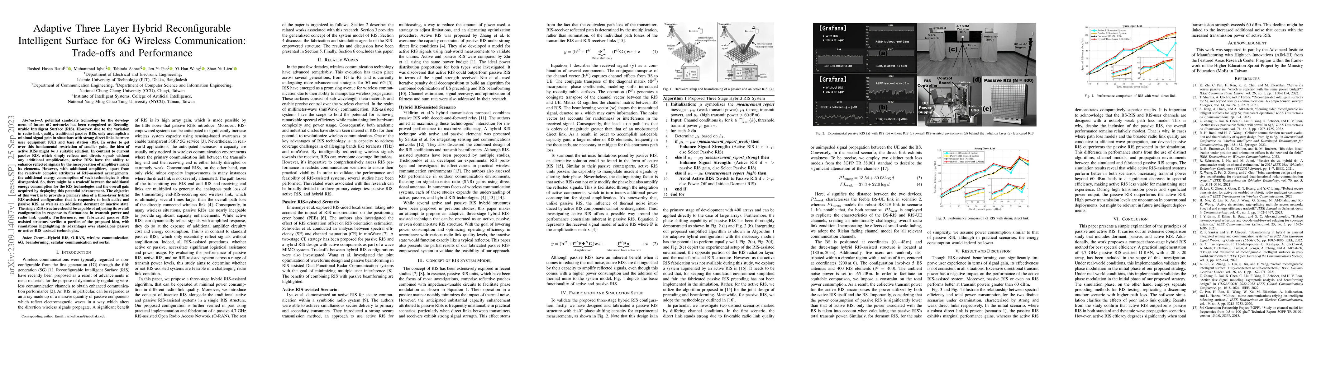 Thumbnail for Adaptive Three Layer Hybrid Reconfigurable Intelligent Surface for 6G
  Wireless Communication: Trade-offs and Performance
