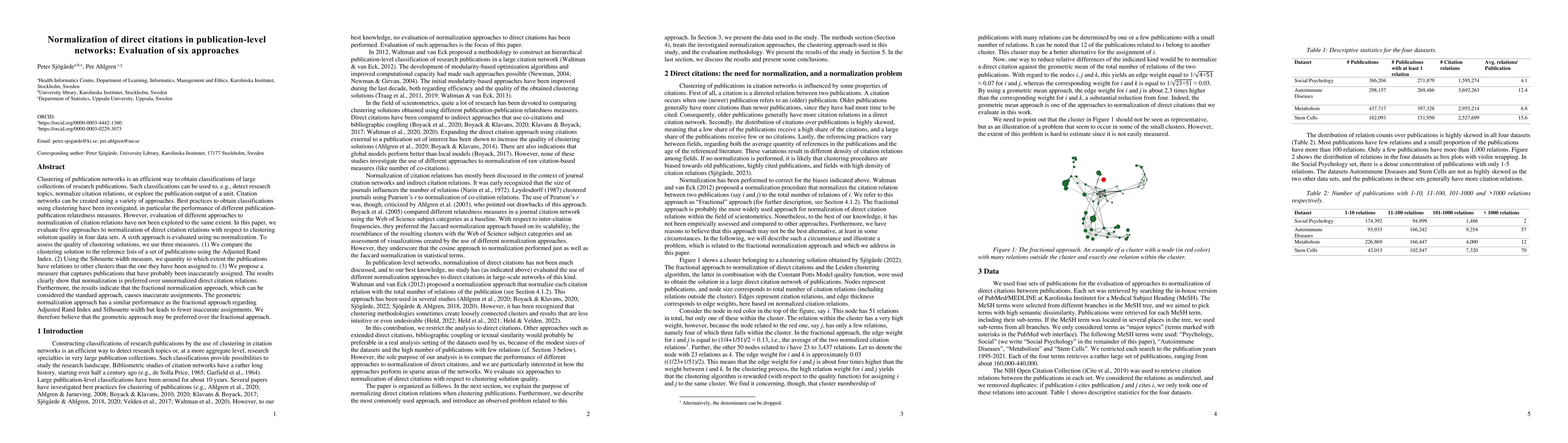 Thumbnail for Normalization of direct citations in publication-level networks:
  Evaluation of six approaches