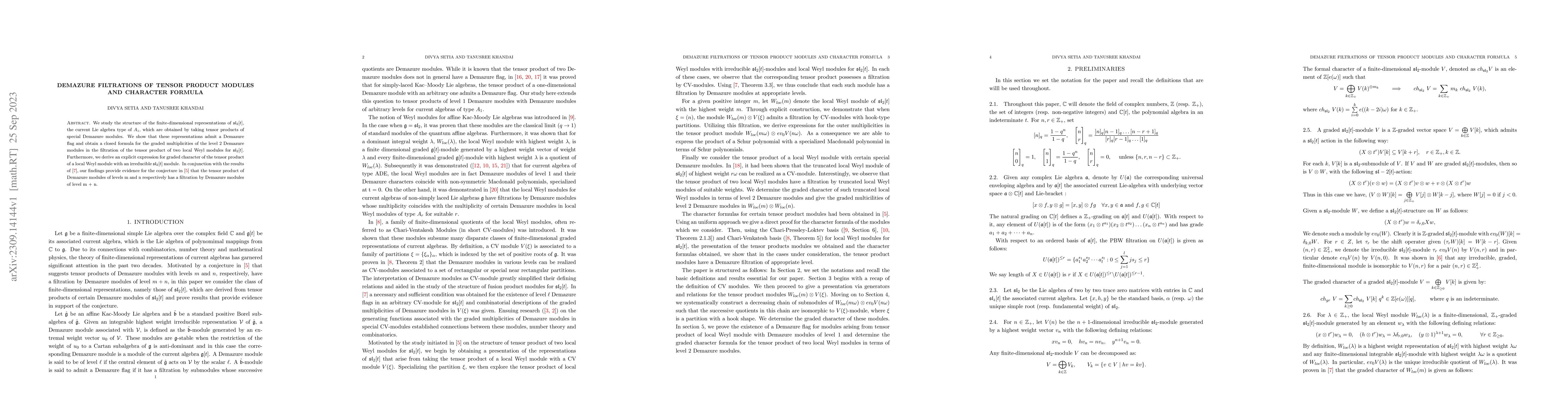 Thumbnail for Demazure Filtrations of Tensor Product Modules and Character Formula