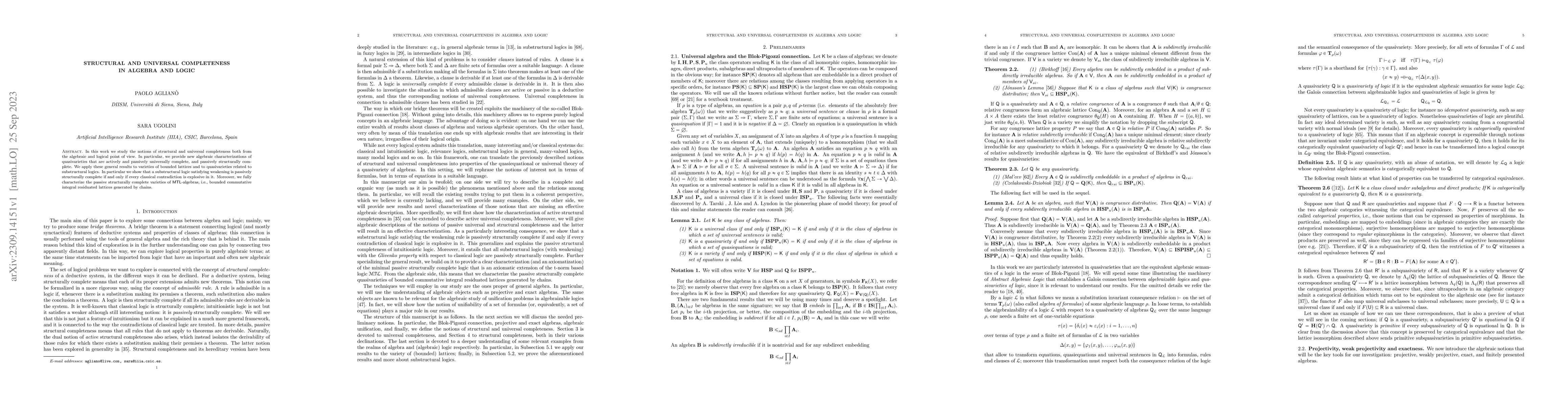 Thumbnail for Structural and universal completeness in algebra and logic