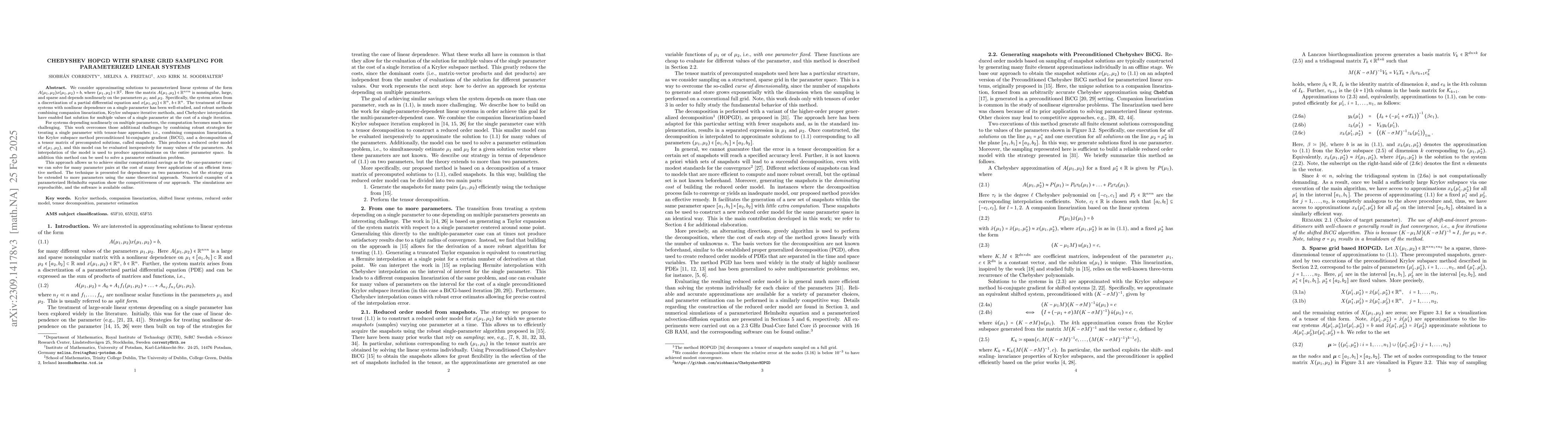 Thumbnail for Chebyshev HOPGD with sparse grid sampling for parameterized linear
  systems