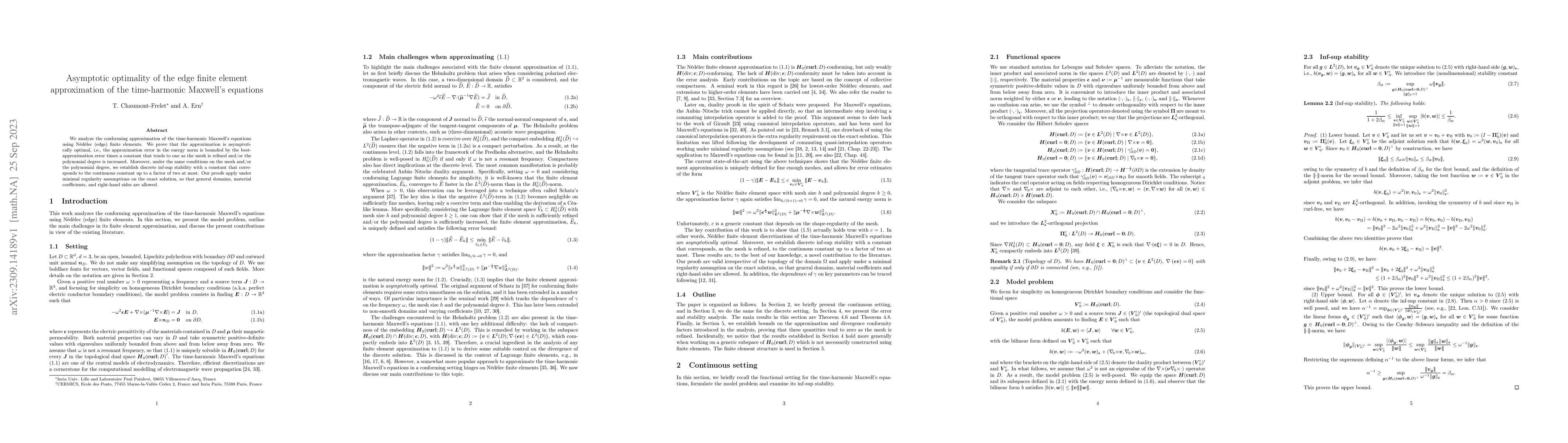 Thumbnail for Asymptotic optimality of the edge finite element approximation of the
  time-harmonic Maxwell's equations