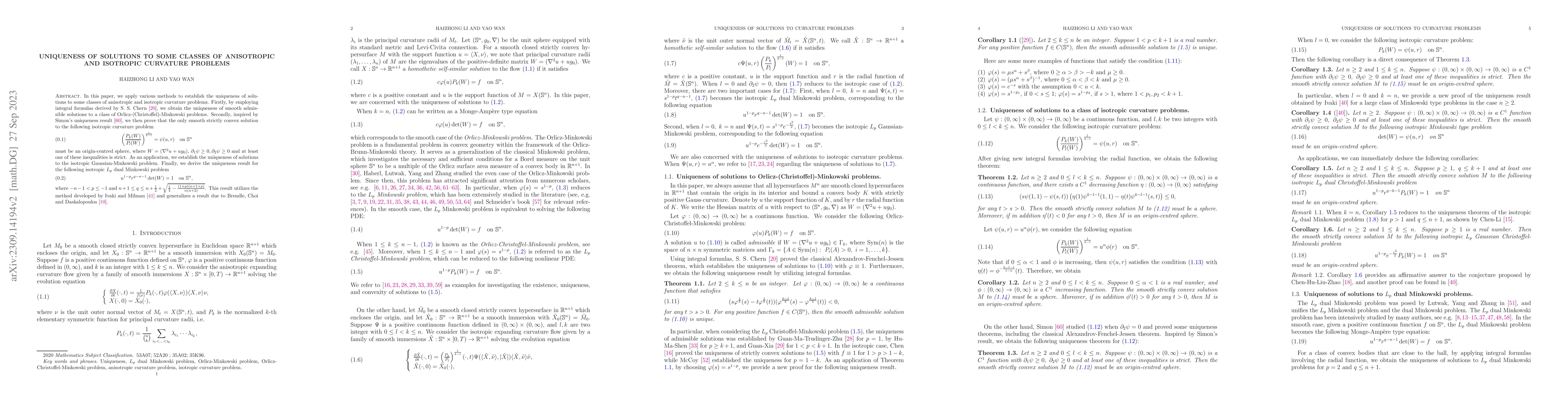 Thumbnail for Uniqueness of solutions to some classes of anisotropic and isotropic
  curvature problems