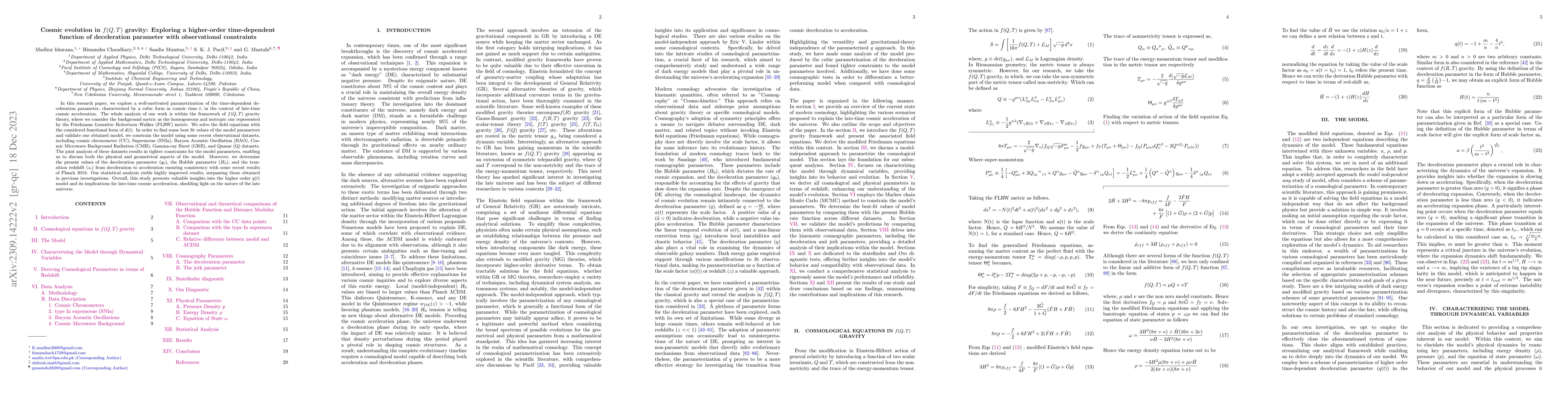Thumbnail for Cosmic evolution in $f(Q,T)$ gravity: Exploring a higher-order
  time-dependent function of deceleration parameter with observational
  constraints