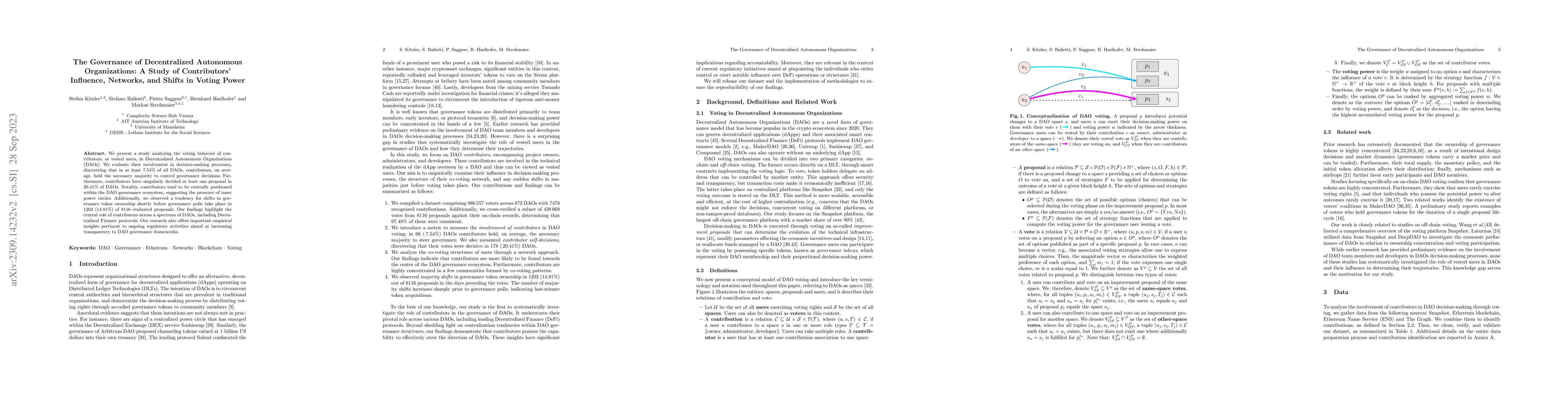 Thumbnail for The Governance of Decentralized Autonomous Organizations: A Study of
  Contributors' Influence, Networks, and Shifts in Voting Power