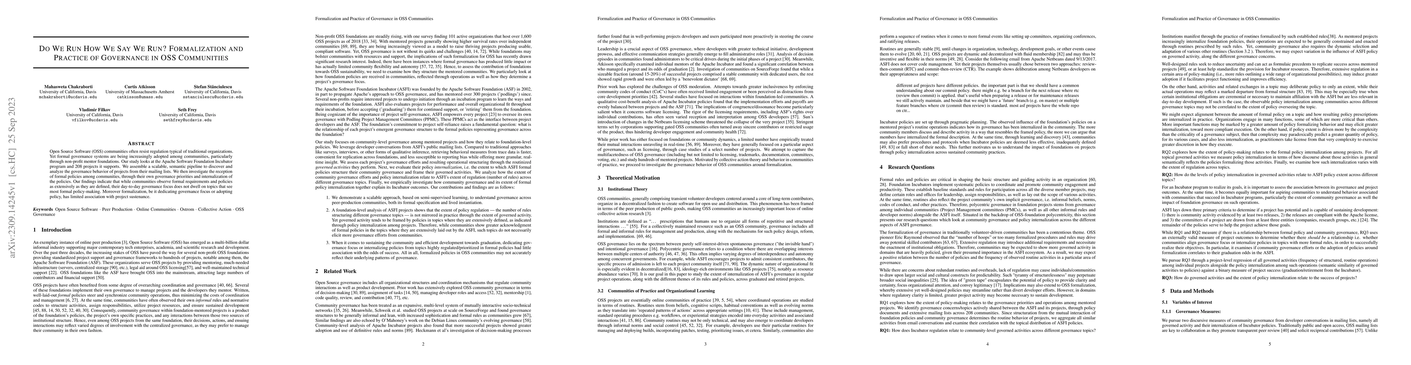 Thumbnail for Do We Run How We Say We Run? Formalization and Practice of Governance in
  OSS Communities