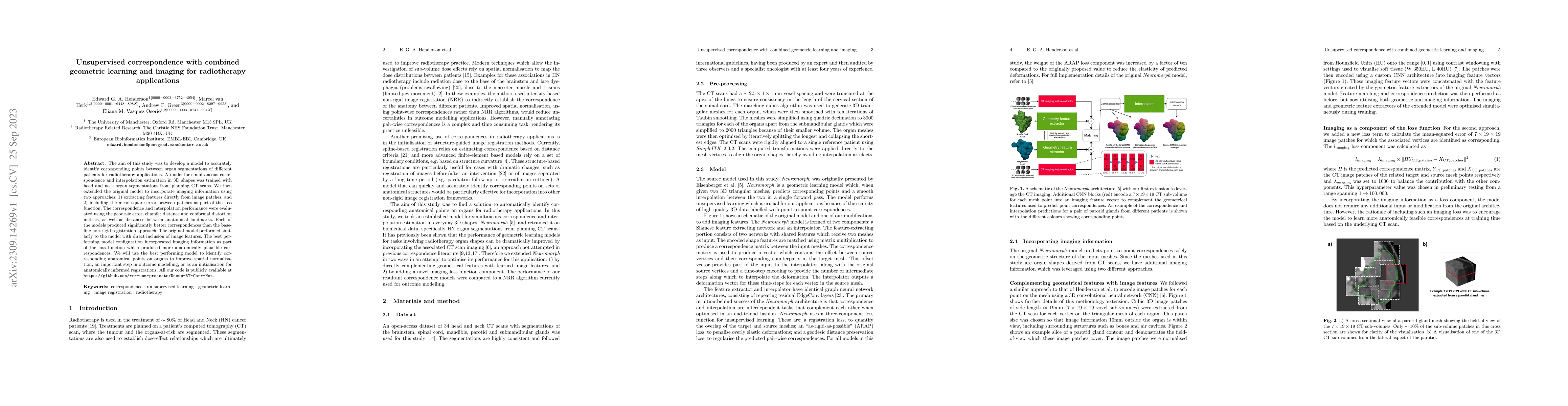 Thumbnail for Unsupervised correspondence with combined geometric learning and imaging
  for radiotherapy applications
