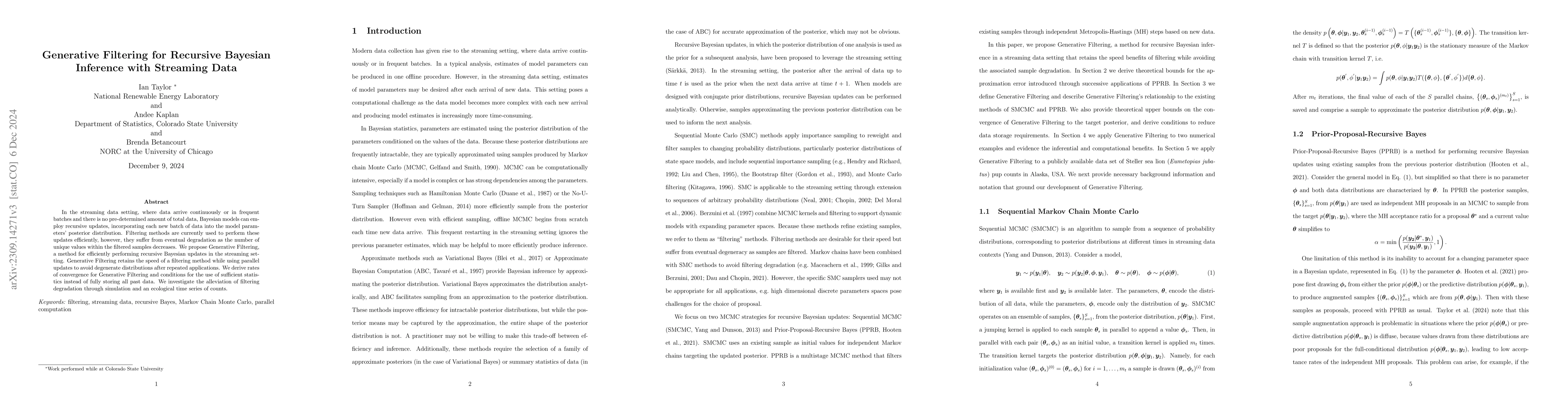 Thumbnail for Generative Filtering for Recursive Bayesian Inference with Streaming
  Data