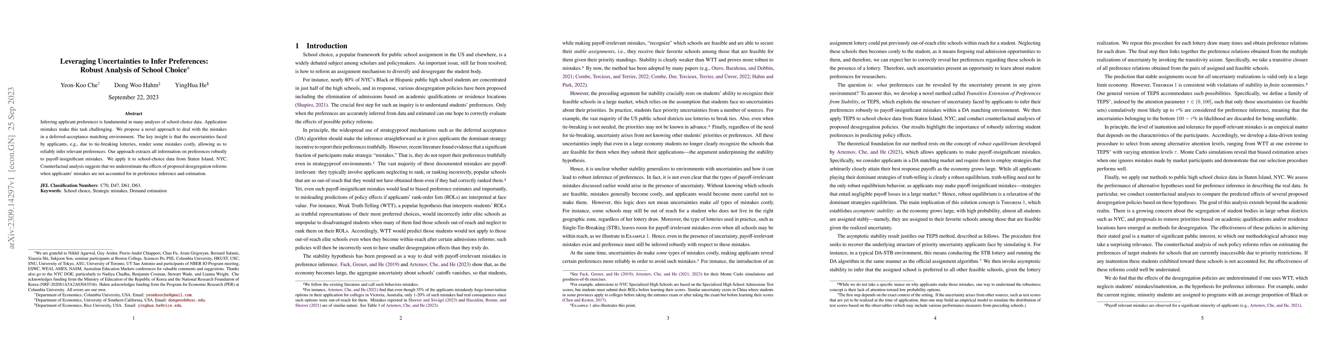 Thumbnail for Leveraging Uncertainties to Infer Preferences: Robust Analysis of School
  Choice
