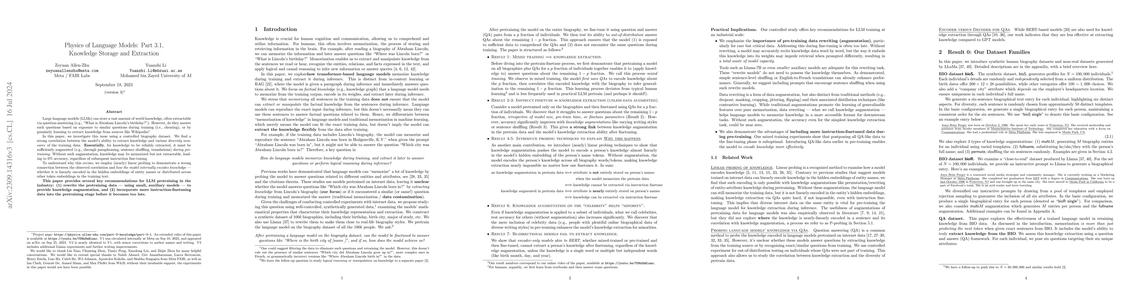 Thumbnail for Physics of Language Models: Part 3.1, Knowledge Storage and Extraction