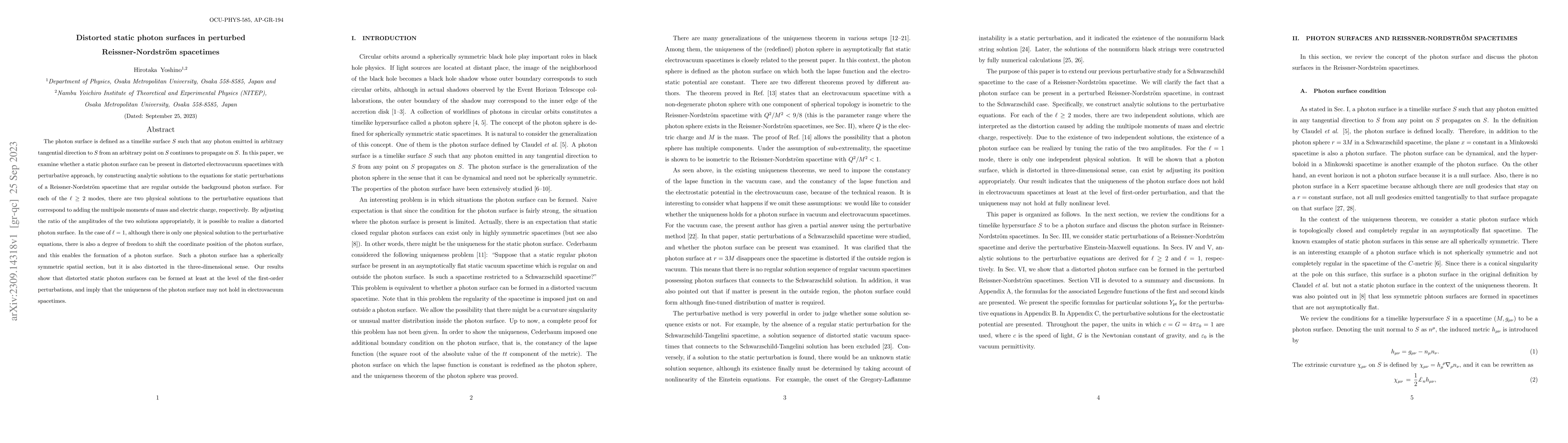 Thumbnail for Distorted static photon surfaces in perturbed Reissner-Nordstr\"om
  spacetimes
