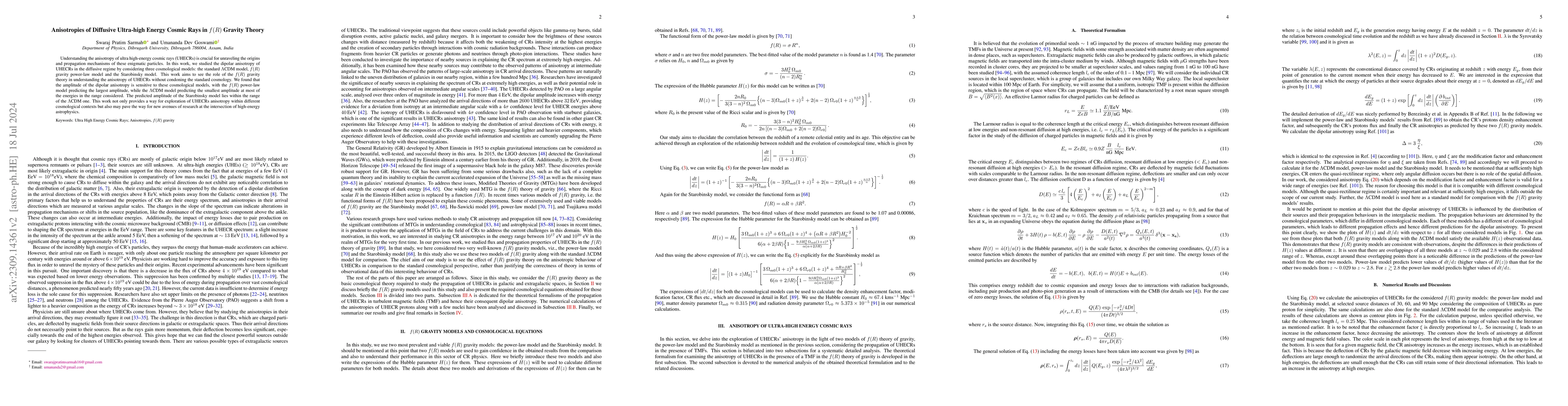 Thumbnail for Anisotropies of Diffusive Ultra-high Energy Cosmic Rays in $f(R)$
  Gravity Theory