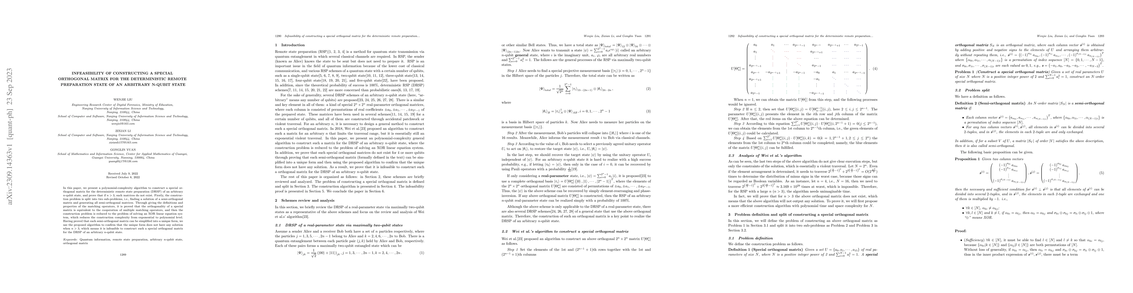 Thumbnail for Infeasibility of constructing a special orthogonal matrix for the
  deterministic remote preparation of arbitrary n-qubit state