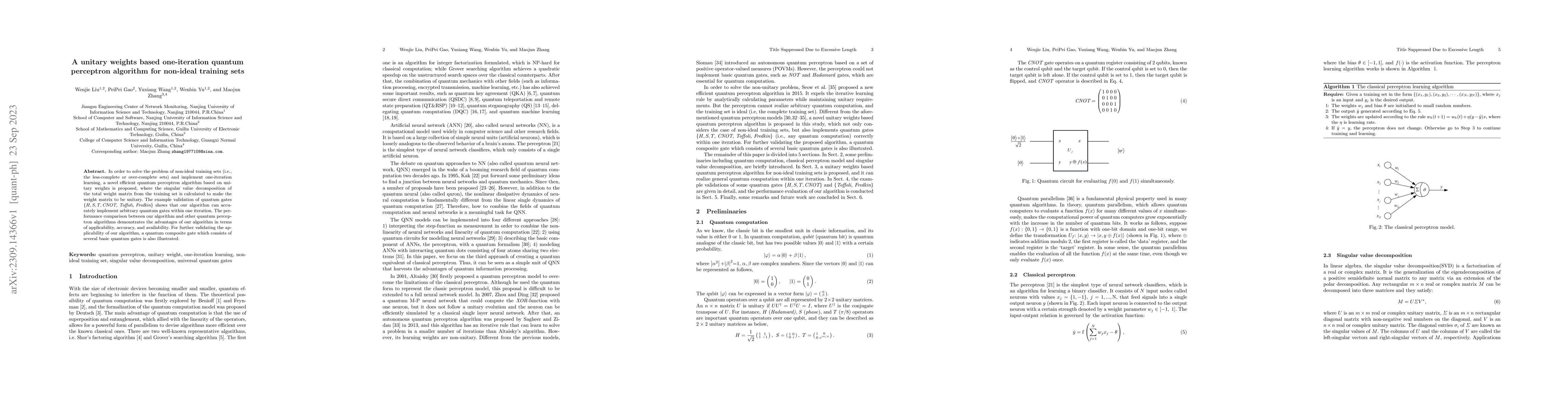 Thumbnail for A Unitary Weights Based One-Iteration Quantum Perceptron Algorithm for
  Non-Ideal Training Sets