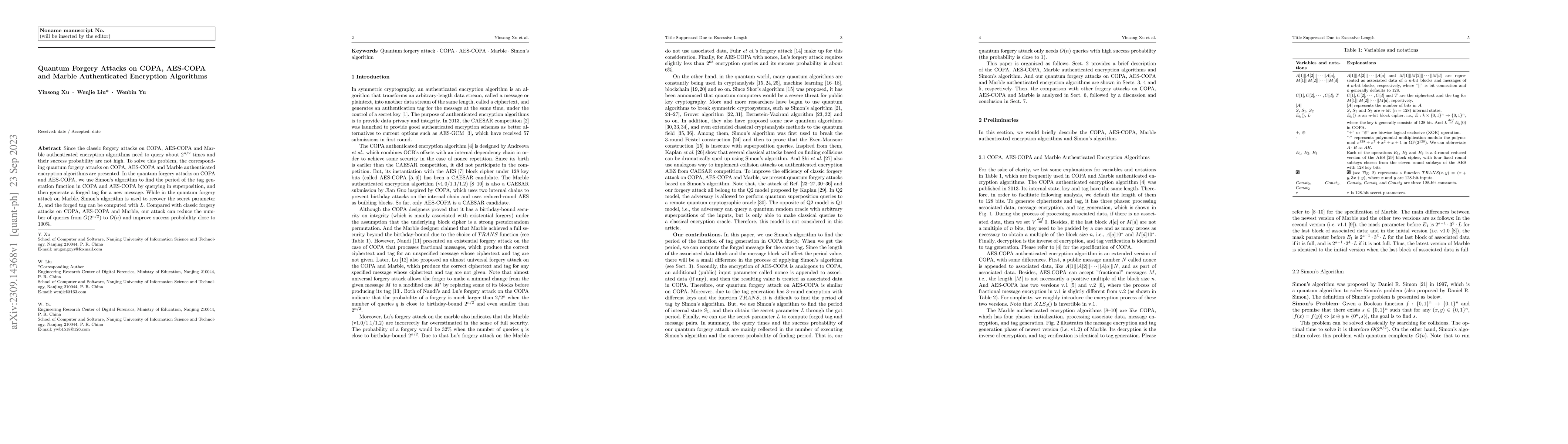 Thumbnail for Quantum forgery attacks on COPA,AES-COPA and marble authenticated
  encryption algorithms