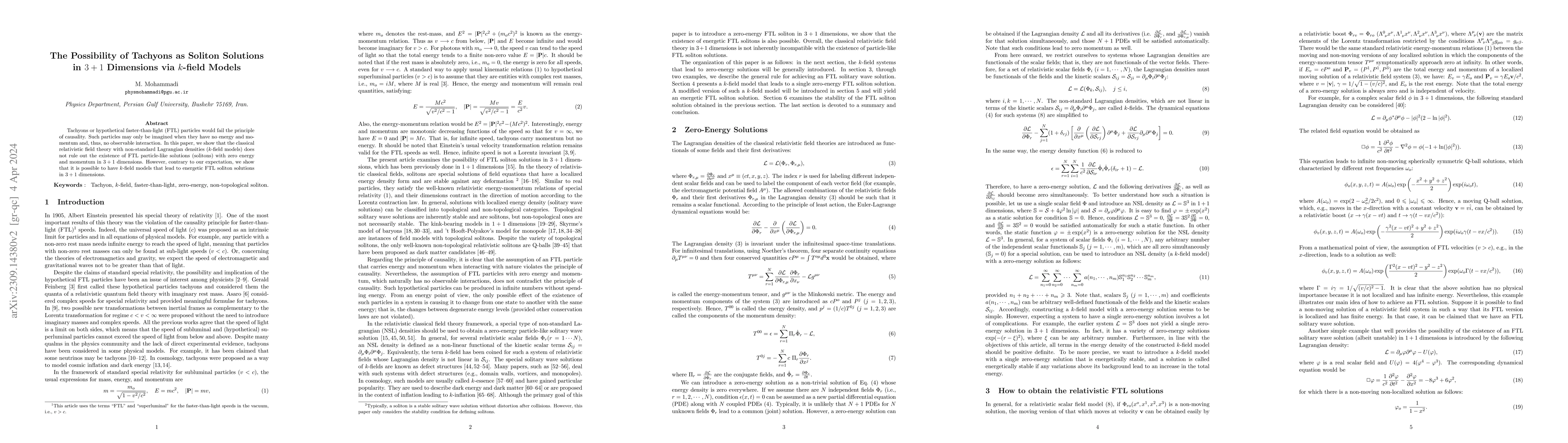 Thumbnail for The Possibility of Tachyons as Soliton Solutions in 3+1 Dimensions via
  k-field Models