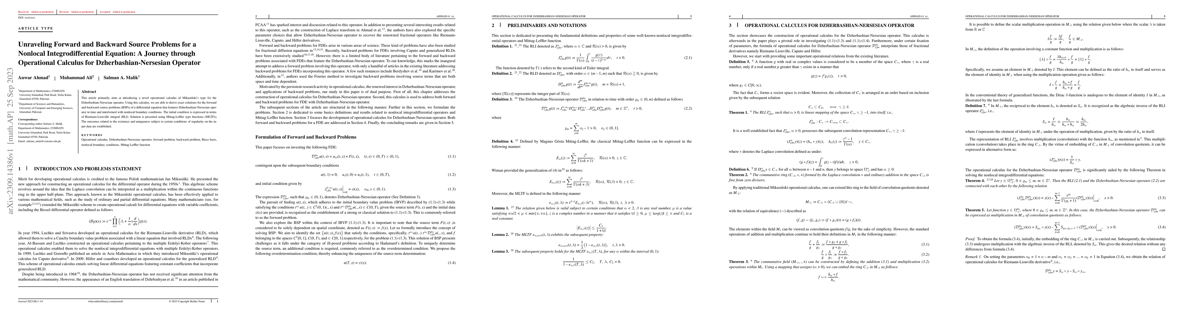 Thumbnail for Unraveling Forward and Backward Source Problems for a Nonlocal
  Integrodifferential Equation: A Journey through Operational Calculus for
  Dzherbashian-Nersesian Operator