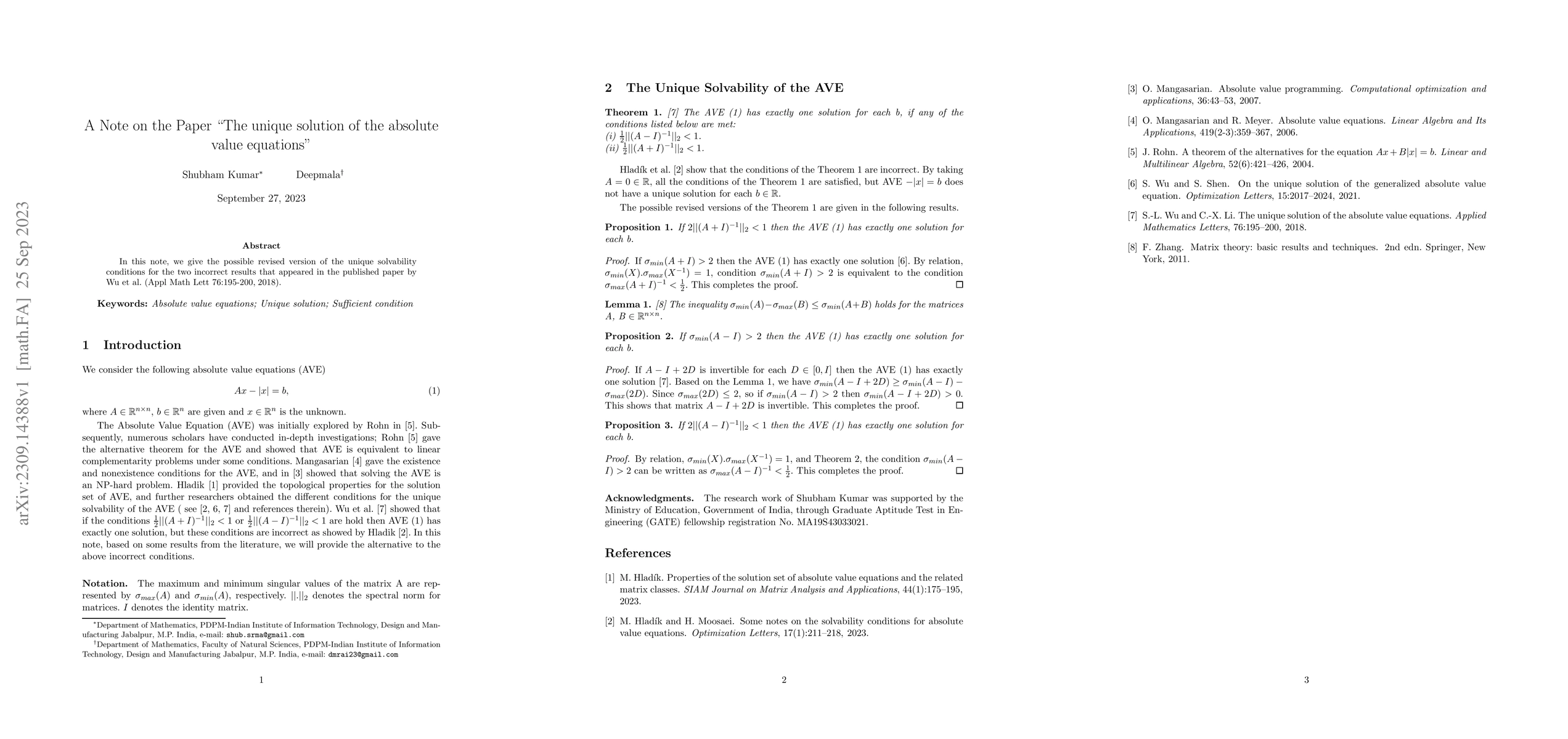 Thumbnail for A Note on the Paper "The unique solution of the absolute value
  equations"