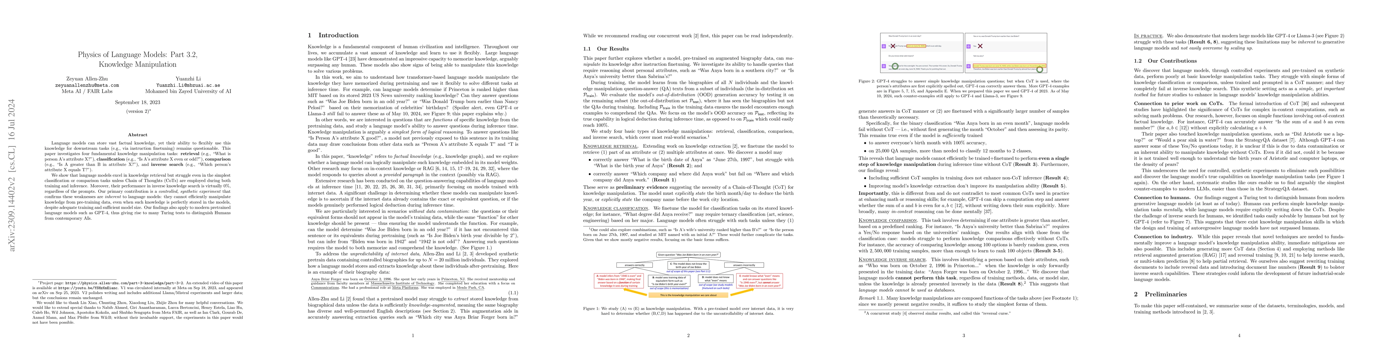 Thumbnail for Physics of Language Models: Part 3.2, Knowledge Manipulation