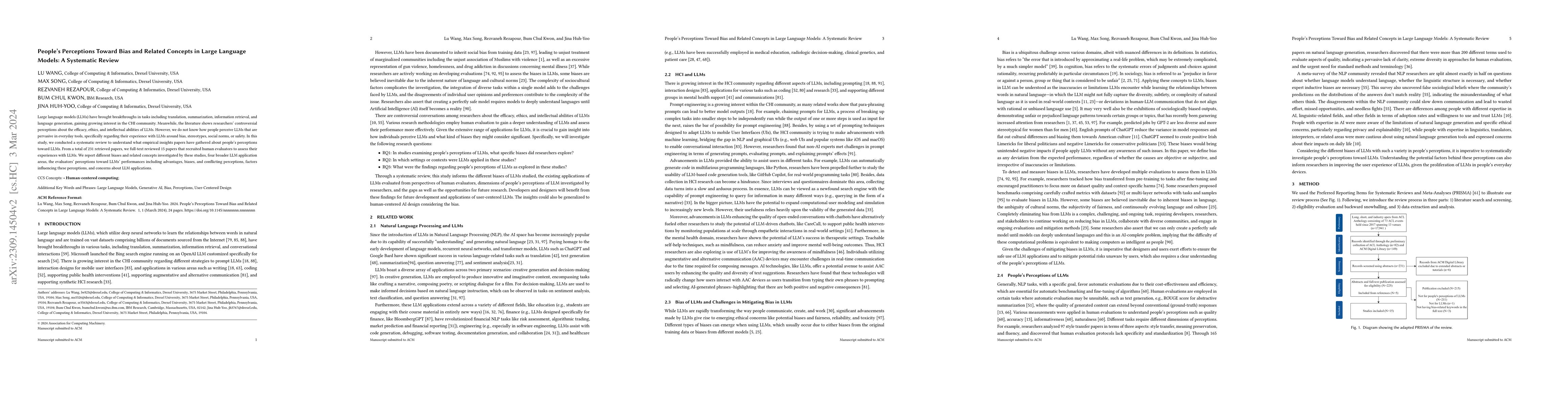 Thumbnail for People's Perceptions Toward Bias and Related Concepts in Large Language
  Models: A Systematic Review