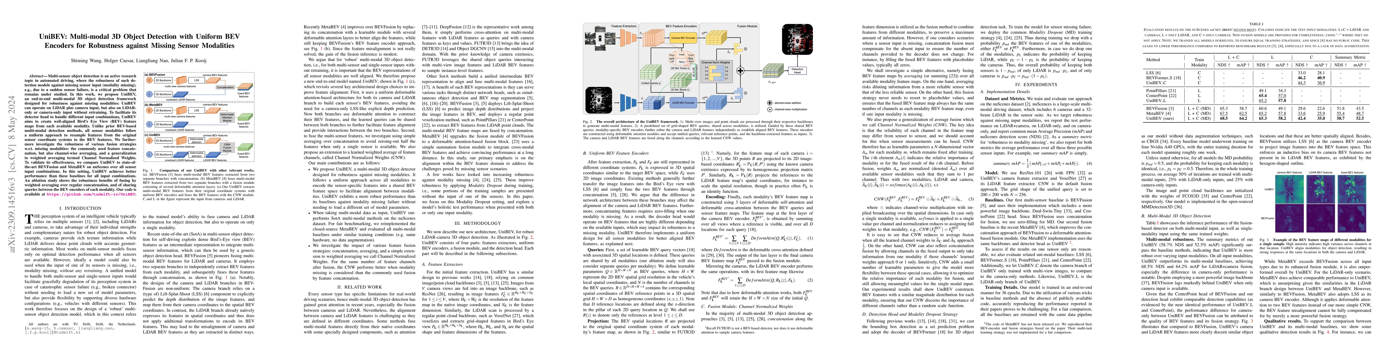 Thumbnail for UniBEV: Multi-modal 3D Object Detection with Uniform BEV Encoders for
  Robustness against Missing Sensor Modalities