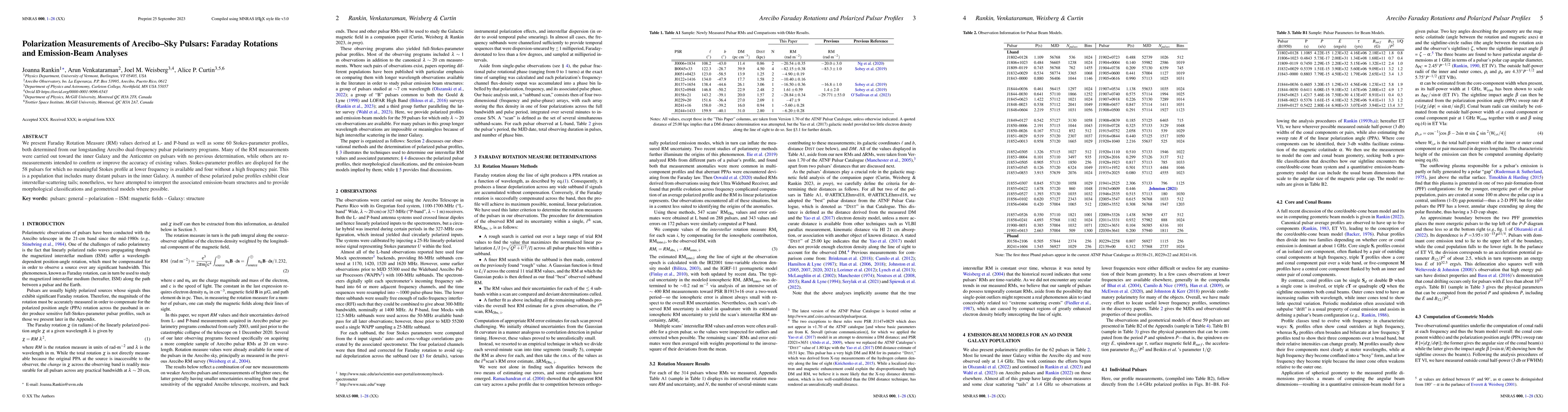 Thumbnail for Polarization Measurements of Arecibo-Sky Pulsars: Faraday Rotations and
  Emission-Beam Analyses