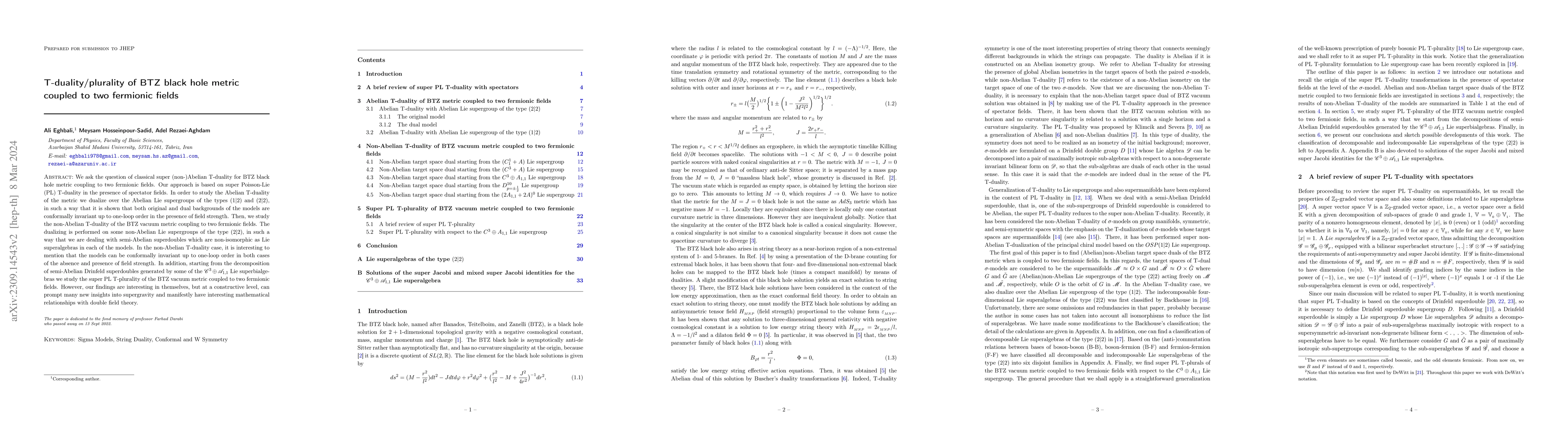 Thumbnail for T-duality/plurality of BTZ black hole metric coupled to two fermionic
  fields