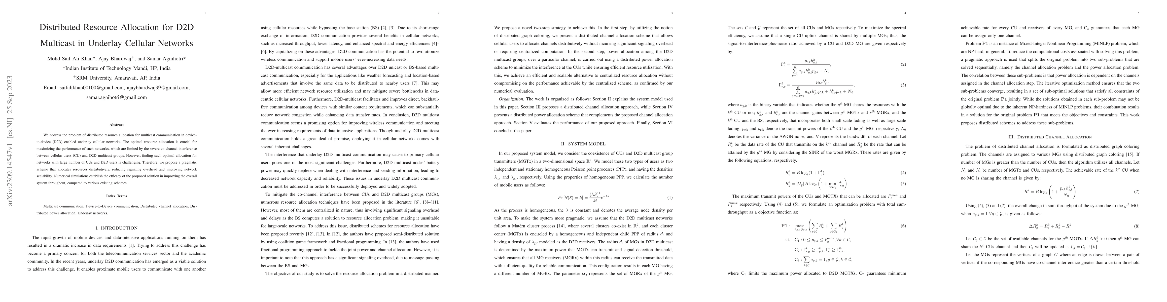 Thumbnail for Distributed Resource Allocation for D2D Multicast in Underlay Cellular
  Networks