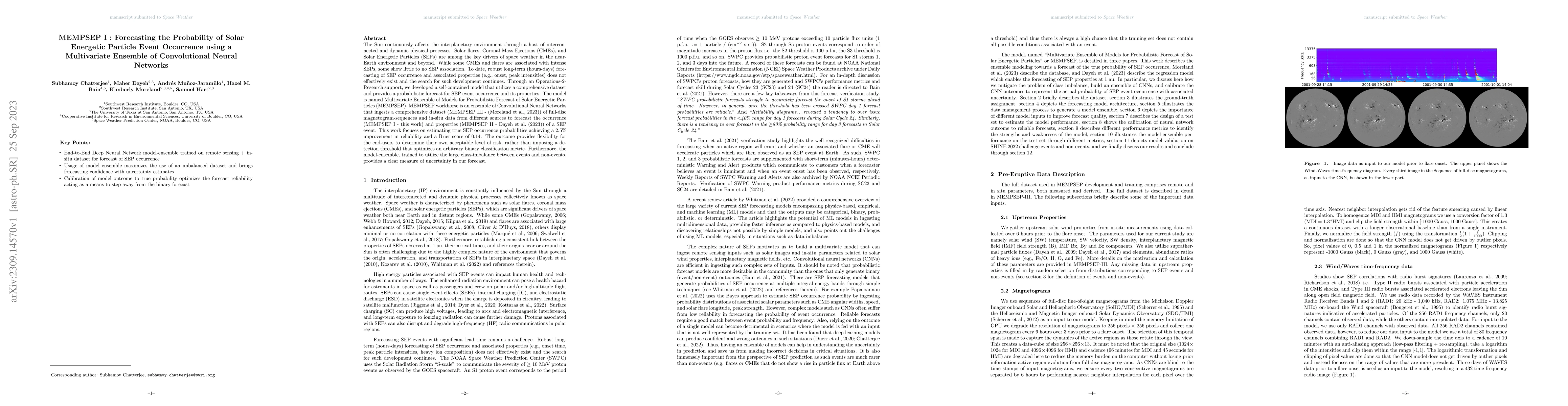 Thumbnail for MEMPSEP I : Forecasting the Probability of Solar Energetic Particle
  Event Occurrence using a Multivariate Ensemble of Convolutional Neural
  Networks
