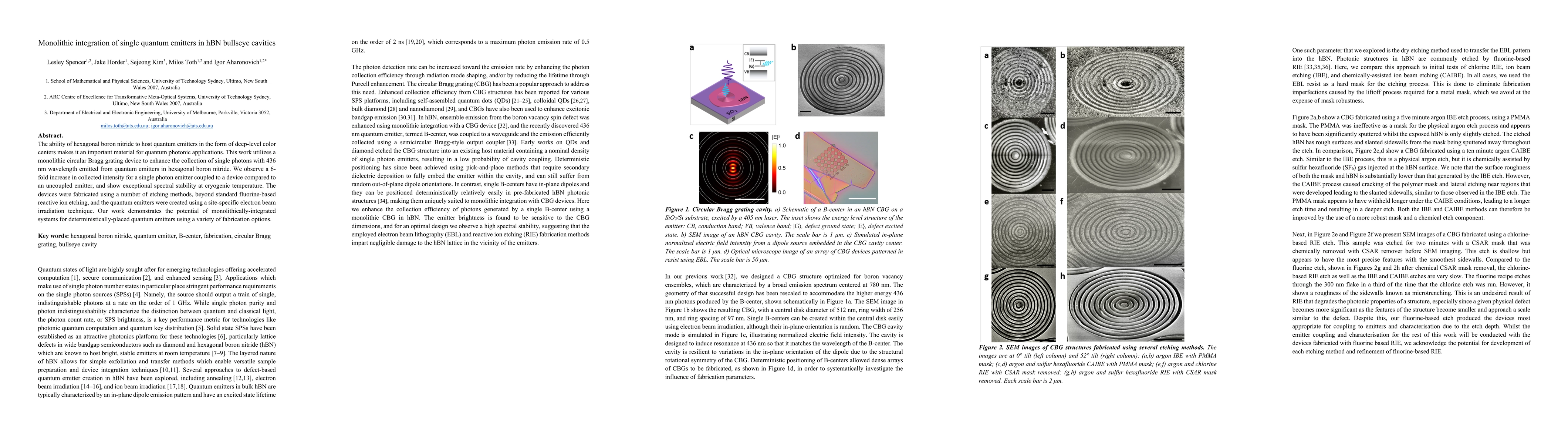 Thumbnail for Monolithic Integration of Single Quantum Emitters in hBN Bullseye
  Cavities