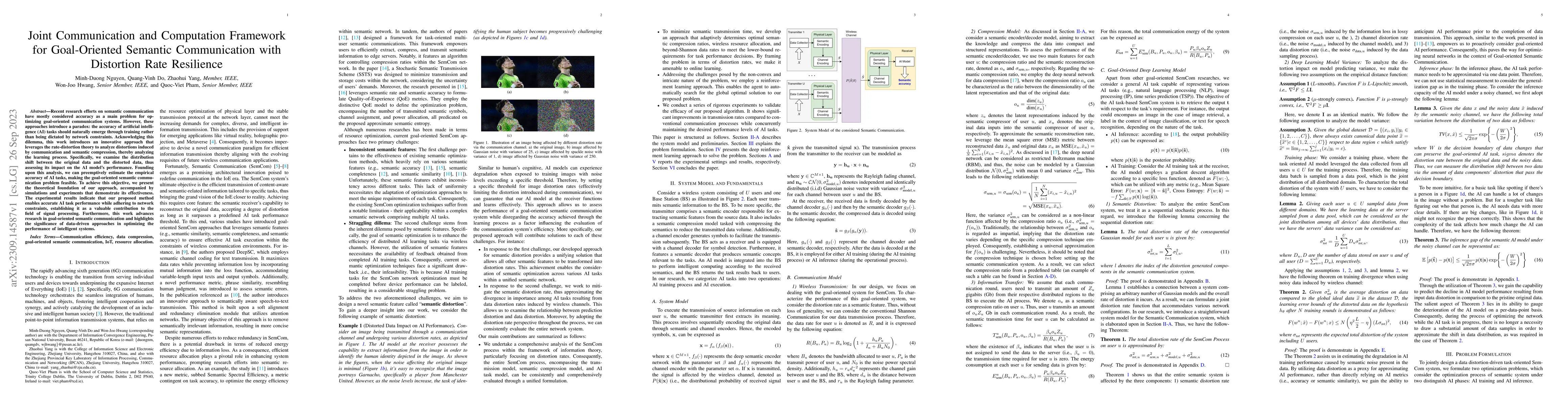 Thumbnail for Joint Communication and Computation Framework for Goal-Oriented Semantic
  Communication with Distortion Rate Resilience