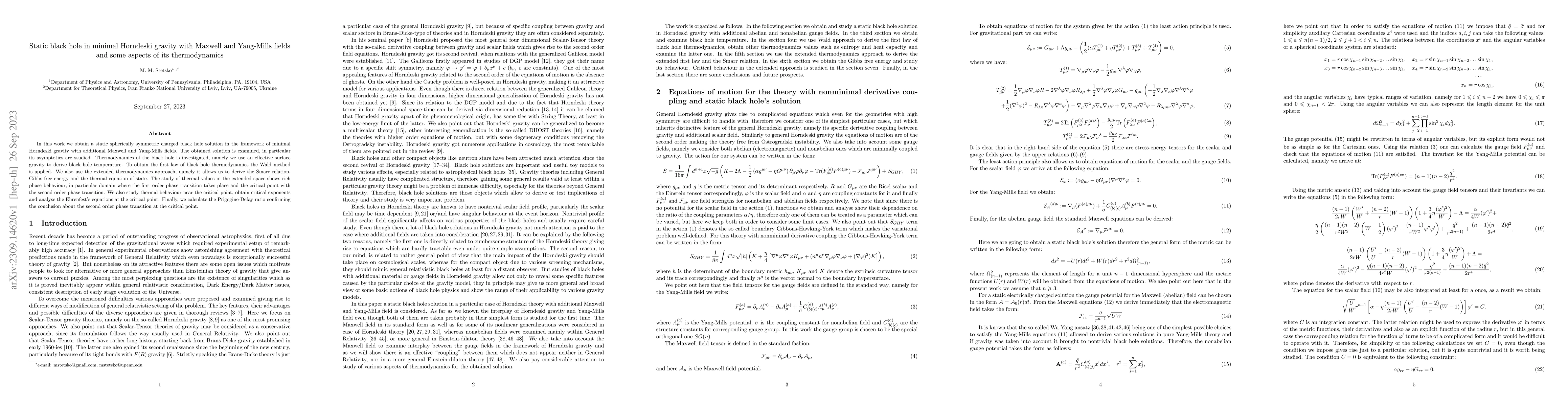 Thumbnail for Static black hole in minimal Horndeski gravity with Maxwell and
  Yang-Mills fields and some aspects of its thermodynamics