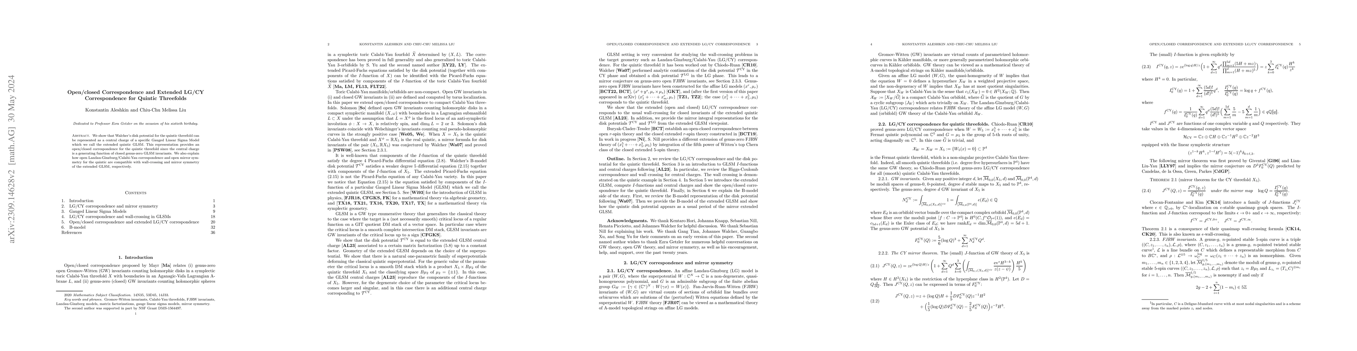 Thumbnail for Open/closed Correspondence and Extended LG/CY Correspondence for Quintic
  Threefolds