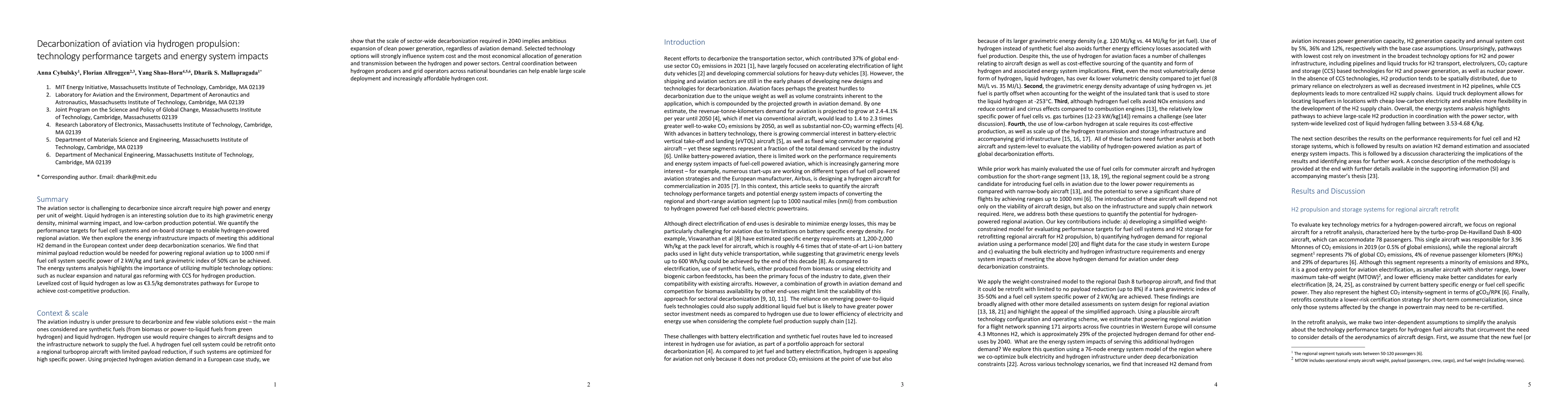 Thumbnail for Decarbonization of aviation via hydrogen propulsion: technology
  performance targets and energy system impacts